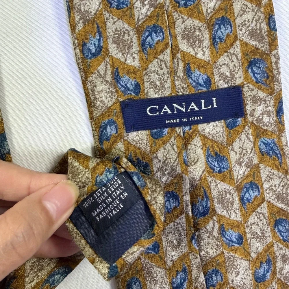 Canali Made in Italy 100% Silk Tie Gold Blue Leaf Geometric Men's Necktie